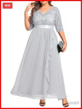 Plus Size Sequin Chiffon Formal Evening Gown V-Neck Ruffle Maxi Dress